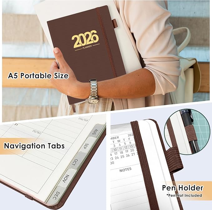 TIIKKASI 2026 Calendar Year Planner Weekly Monthly (Jan - Dec) 6'' x 8.5'' - Lined Journal Notebook Minimalist Agenda Notes, Linen Cloth Book Bound Hard Cover, For School Business Office, Rustic Brown