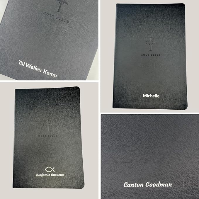 Personalized NLT Bible New Living Translation Thinline Faux Leather Holy Bible with Custom Name in Silver | Large Print | Custom Gift for Religious Celebrations | Black