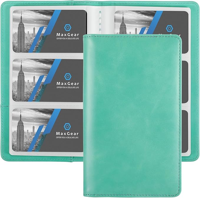 MaxGear Business Card Organizer Book, Holds 240 Cards, Portable PU Leather Business Card Holder with Clear Sleeves, Professional Card Binder for Office, Meetings, Networking, Turquoise