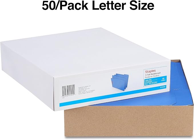 Staples Reinforced Classification Folder, Letter Size, 2″ Expansion, Blue Pressboard, Durable Construction, 50/Box