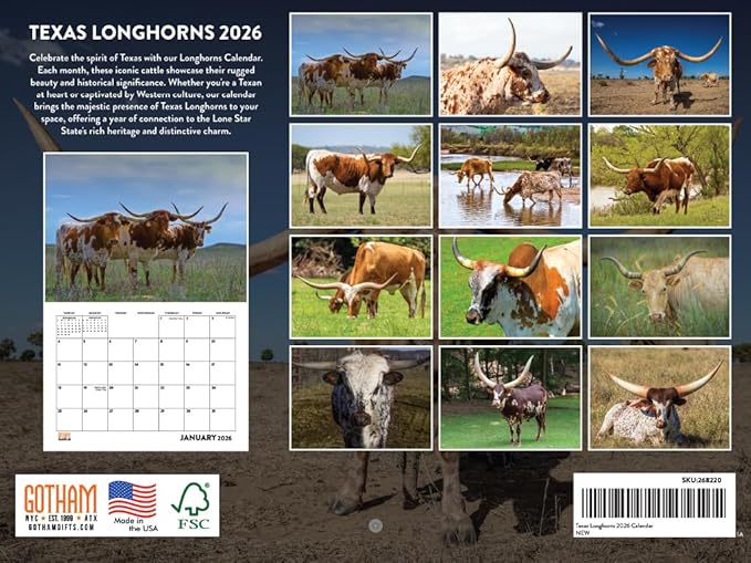 Texas Longhorn Calendar 2026 Cattle Monthly Wall Calender 12 Month | American Made In The USA