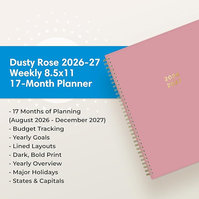 Blue Sky 17 Month 2026-2027 Weekly and Monthly Academic Year Planner Calendar, August 2026 - December 2027, 8.5" x 11", Flexible Cover, Wirebound, Laminated Tabs, Dusty Rose