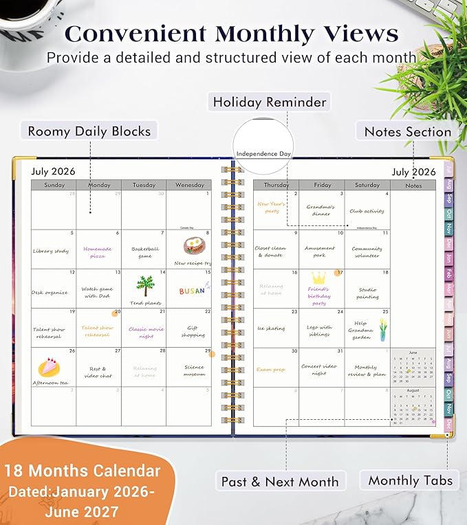Academic Planner 2026-2027, 18 Months Weekly and Monthly Hardcover Planner, July 2026 - December 2027, 8.5" x 11" A4 Large Daily Calendar Planner Book with Tabs, Spiral College School Agenda Organizer for Student Teacher, Starfall Range
