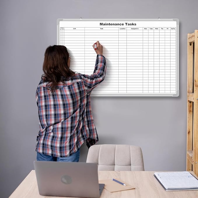AmazingSpark Lined Whiteboard Blank Grid Aluminum Frame Dry Erase Board Reusable Wall Mounted Board for Scheduling, to Do Lists Weekly Planning Home Work (36 x 24 Inch,Horizontal Maintenance Tasks)
