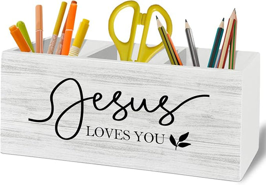 Christian Jesus Loves You Pen Pencil Holder Organizer for Desk Accessories, Religious Bible Verse Wooden Box Sign Desk Decor for Home Office Decoration, Christian Gifts for Women Men