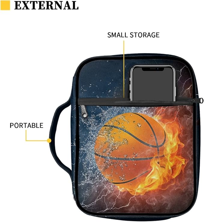 Coldinair Fire Water Basketball Print Bible Case for Men Boys Teens,Bible Cover Bags Carrying Book Case Church Bag Bible Protector with Handle and Zippered Pocket