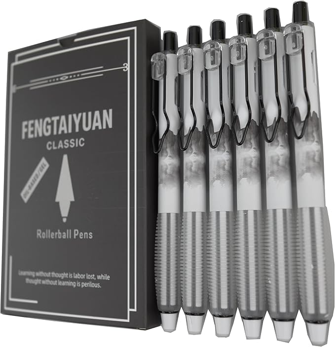 Fengtaiyuan Retractable Gel Pens, 0.5mm ST Precision Tip Quick Dry Black Ink, Gradient Black Barrel with Triangular Silicone Non-Slip Grip, Ergonomic Smooth Pens for Exam School Office [Pack of 6]