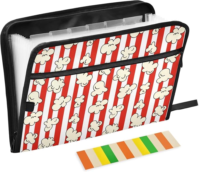 Popcorn Red White Striped File Folders,Plastic Folders with 13 Pockets,Expandable File Folder for Documents School Students Office,Aesthetic Folder with Labels A4 Letter Size