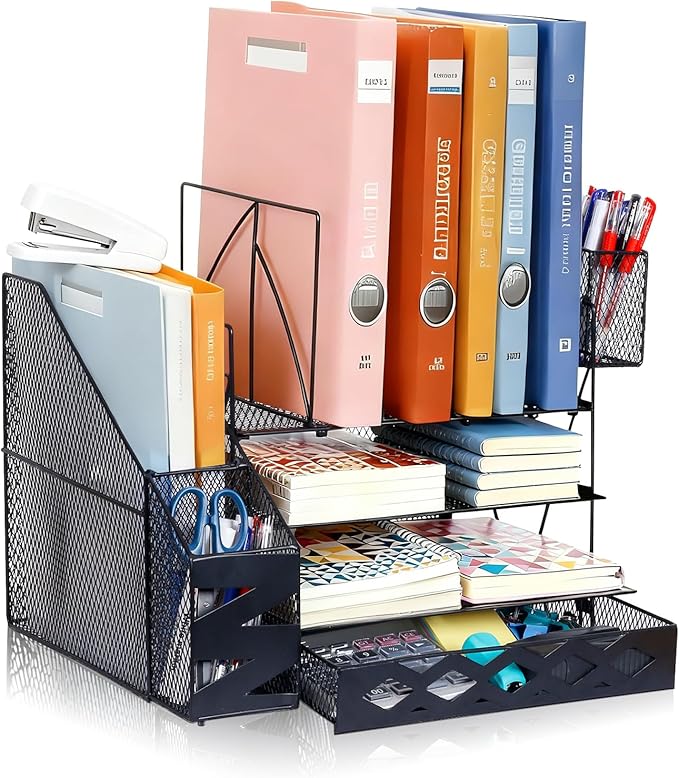 Desk Organizers and Accessories with File Holder, 4-Tier Mesh Paper Letter Tray Organizer with Drawer, 2 Pen Holders and 4 File Sorters, Desktop Organizer for Office Supplies