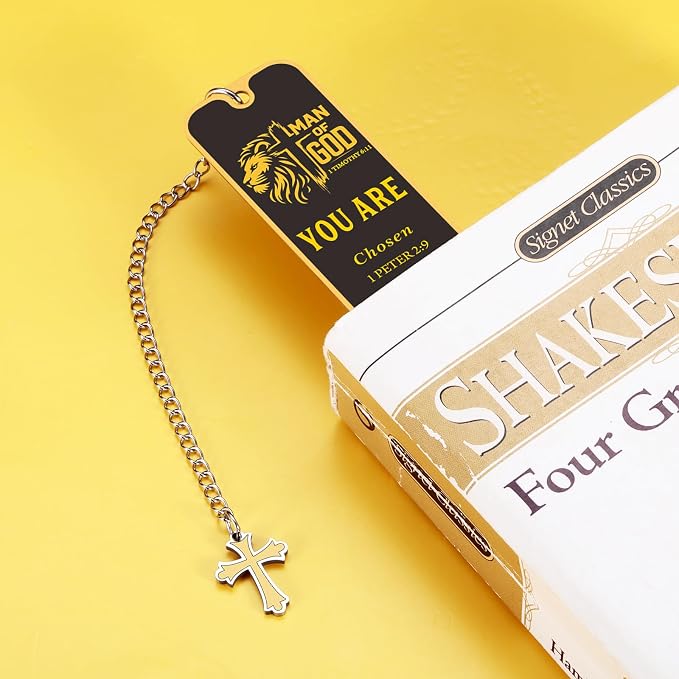 Christian Bookmark for Men, Inspirational Lion Bible Verse Bookmark with Cross Pendant, Religious Scripture Verse Bookmarks for Man Accessories Church Fathers Day Baptism Easter for Pastor Men