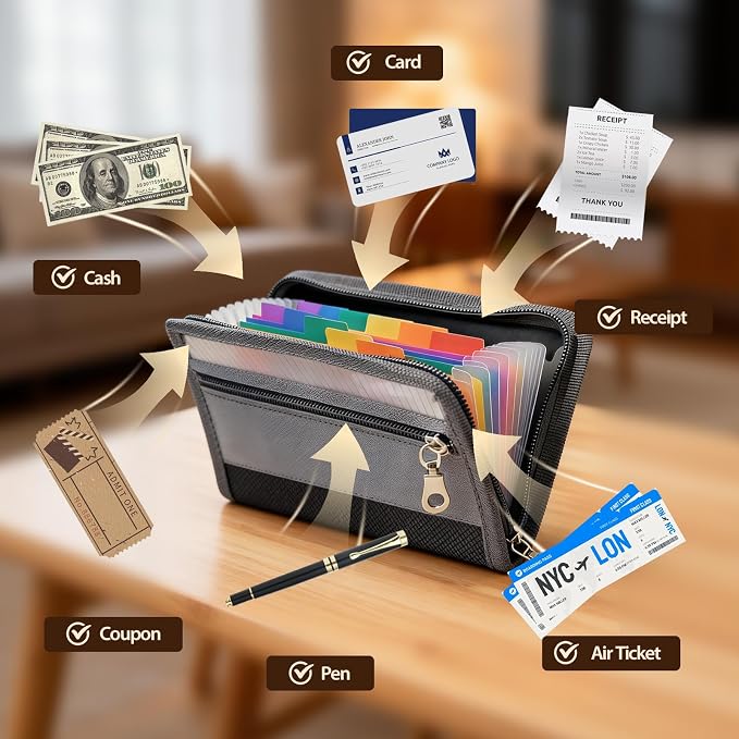 A6 Receipts Organizer with Zipper Closure and Wrist Strap, 12 Pocket Portable Accordion File with Color Labels for Coupons, Cards & Tickets, Budget Cash Envelope Organizer