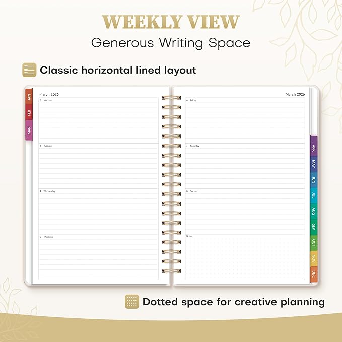 2026 Planner Weekly and Monthly, Jan.2026 - Dec.2026, Hardcover Calendar 2026 Agenda Daily Planner Book Spiral Notebook with Monthly Tabs, 7.4" x 10.2", Calm Vine