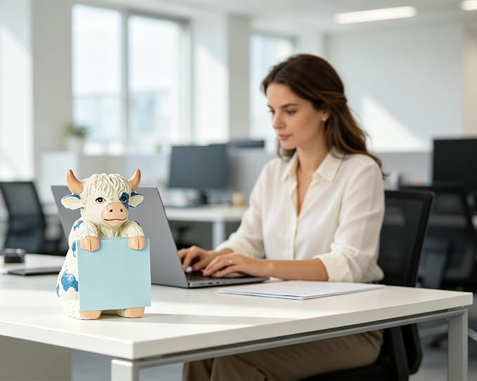 Highland Cow Sticky Note Holder with 100 Sheets 3x3 Pop-Up Notes, Handmade Resin Highland Cow Desk Decor for Office, Home & Classroom, Gift for Women, Teachers & Coworkers - Blue