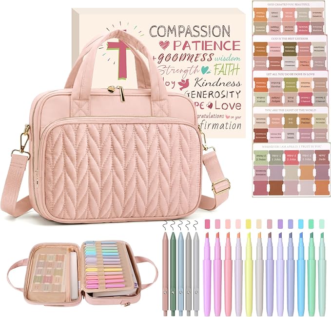BellaHold Bible Cover Case for Women, Large Bible Bag with Study Supplies, Bible Journaling Kit with Highlighters and Pens No Bleed, Christian Gift for Women (Shoulder Strap, Light Pink)