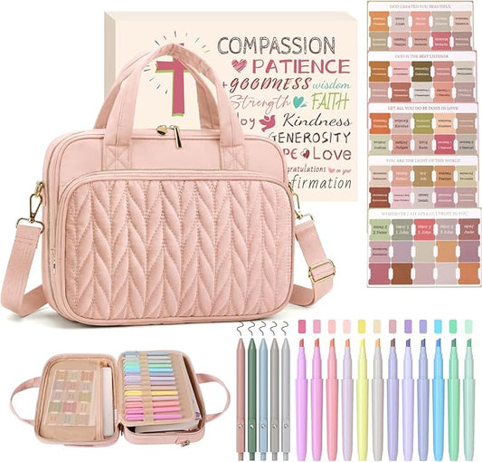 BellaHold Bible Cover Case for Women, Large Bible Bag with Study Supplies, Bible Journaling Kit with Highlighters and Pens No Bleed, Christian Gift for Women (Shoulder Strap, Light Pink)