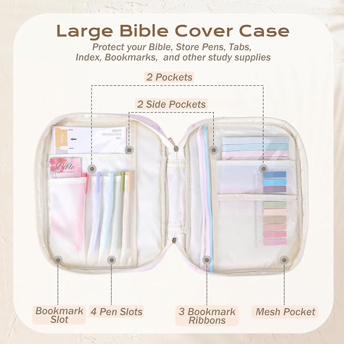 XKDOUS Bible Cases with Study Supplies Durable Carrying Book Case Quilted Bible Cover Large Bible Bag with Handle & Zippered Pocket Portable Church Book Holder for Women