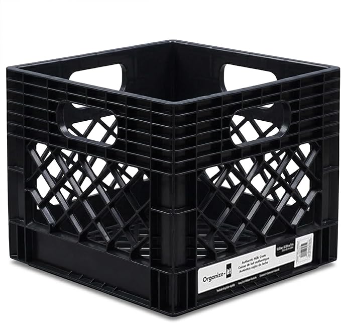 ORGANIZE-IT! 4 Pack Storage Milk Crate, Heavy Duty Versatile Box Organizers with Easy-Grip Handles, Interior 12.25"L x 12.25"W x 10.5"H, Black
