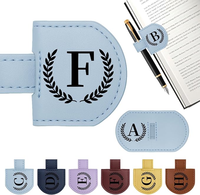 Personalized Magnetic Bookmark Pen Holder, Leather Book Marks for Reading Women& Men, Engraving 26 Letters Name Initial Bookmarks with Pencil Pen Holder, Gift for Book Lovers, Readers (Light Blue, F)