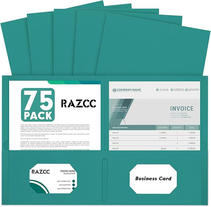 Two Pocket Folders, RAZCC 75 Pack 2 Pocket Folders Fit Letter Size Paper, Paper Folders with Pockets for School Office Business Home (Turquoise)