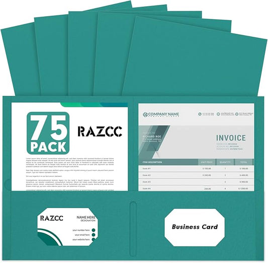 Two Pocket Folders, RAZCC 75 Pack 2 Pocket Folders Fit Letter Size Paper, Paper Folders with Pockets for School Office Business Home (Turquoise)