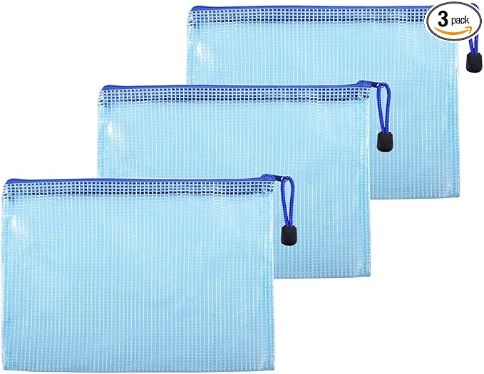 3 Pcs 4.72" x 6.3" A6 Sizes Mesh Zipper Pouch Bags, Mesh Bags with Zipper，Waterproof Clear document pouch for Organization Puzzles Travel, Office, Classroom Organization, A6 Blue