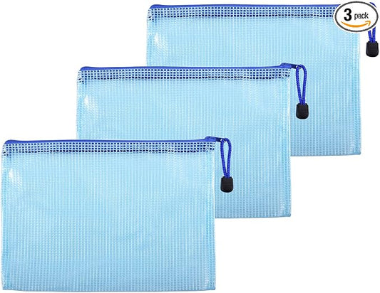 3 Pcs 4.72" x 6.3" A6 Sizes Mesh Zipper Pouch Bags, Mesh Bags with Zipper，Waterproof Clear document pouch for Organization Puzzles Travel, Office, Classroom Organization, A6 Blue