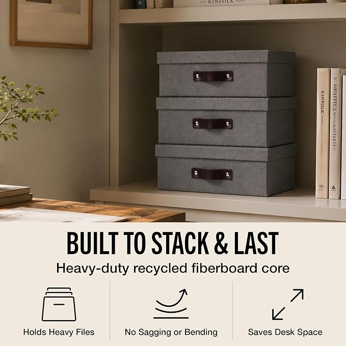 Bigso Box of Sweden Oskar Canvas Fiberboard Document Letter Box - File Organizer Box for Important Paperwork - Document Storage with a Lid & Handle - 3.3 in x 10.2 in x 13.8 in - 3 Pack - Grey
