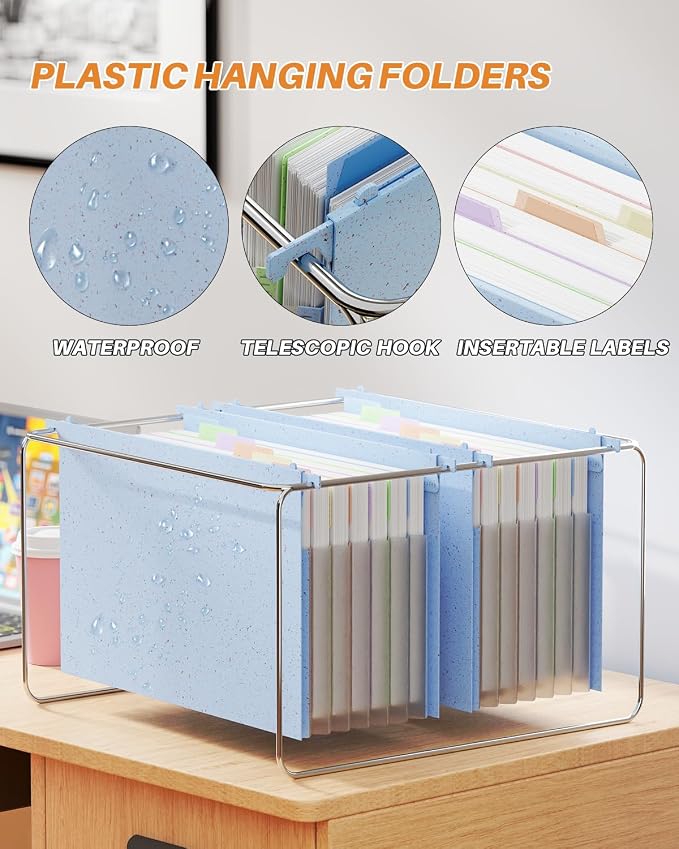 Ansook Legal Size Hanging File Folders, 1.2" Expandable 7 Accordion Pockets File Organizer, 3 Pack Hanging Folders for Filing Cabinet, Heavy Duty File Folders Hanging with Tabs, 50% Wheat Straw (Blue)