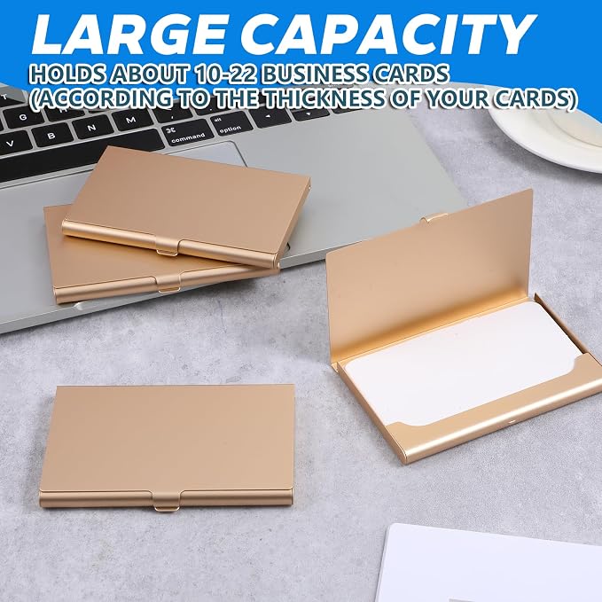 Gold Slim Business Card Case, 4 Pack Gold Metal Business Card Holder Professional Holder Case Pocket Metal Cases Purse Name Cards Holders Credit Cards with Buckle Style Shut for Men Women