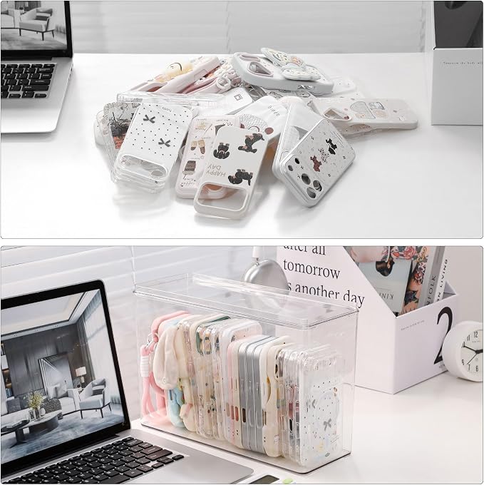 FABROK Large Cell Phone Case Organizer, Clear Storage Bin with Lid for Phone Basic Cases and Electronics Accessories, Plastic Basket Container for Home Office Desk, Kitchen Cabinet and Pantry