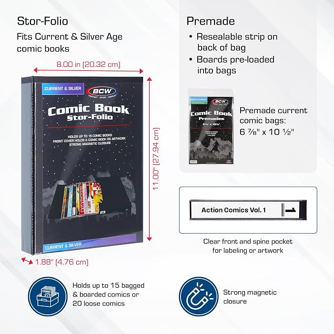 BCW Comic Book StorFolio Kit – Includes Magnetic Comic StorFolio + 50 Current Premade® Resealable Comic Book Bags and Boards | Comic Book Carrying Case & Storage Organizer