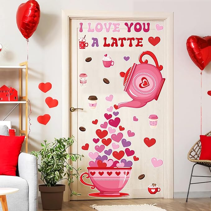 Epakh Valentines Bulletin Board Decorations Set Heart Paper Cutouts Pink Red Love Cardboard Cutouts I Love You a Latte Coffee Classroom Decorations for Door Chalkboard Wall School Party Supplies