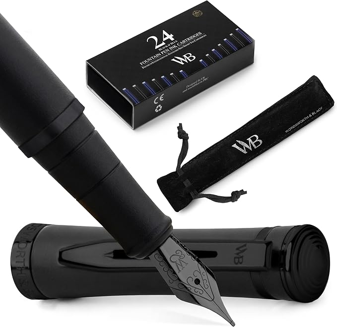 Wordsworth & Black Fountain Pen Set, 18K Gilded Medium Nib, Includes 24 Pack Ink Cartridges, A Refill Converter & Gift Pouch, Calligraphy, [All Black], Perfect for Men & Women