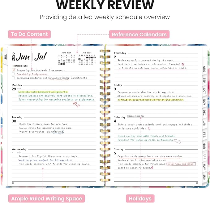 Planner 2026–2027, Academic Planner Weekly and Monthly Calendar Jul 2026 – Jun 2027 Hardcover Planner with Tabs and Pocket, Spiral Bound Agenda Book for Student & Teacher, 8.5" x 11", Bloom Floral