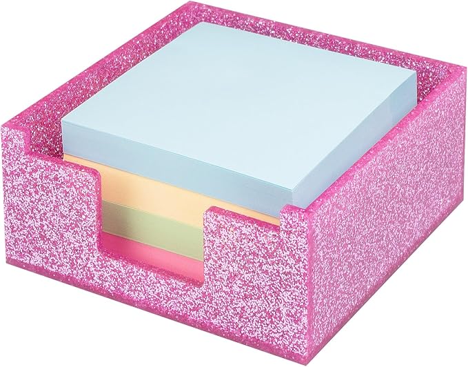 Rose Pink Sparkling Sticky Note Holder, Glitter Acrylic Organizer, 3.94 x 3.94 in Multi-Use Tray for Office, School & Home Desk