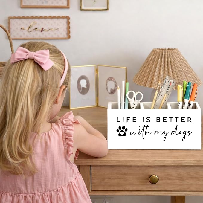 Life Is Better With My Dogs Desk Organizer, 3-Compartment Wooden Pencil Holder for Pens, Pencils, Scissors & Ruler, Cute Dog Quote Storage Box for Kids, Home & Office