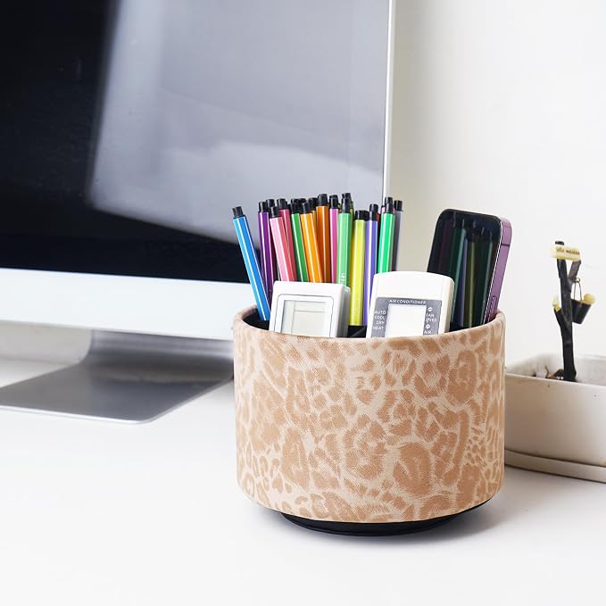 Round Leather Art Supply Organizer,Remote Control Holder,360 Degree Rotating,Multi-Functional Pencil Holder,4 Compartments Desktop Stationary Organizer(1-Leopard Brown)