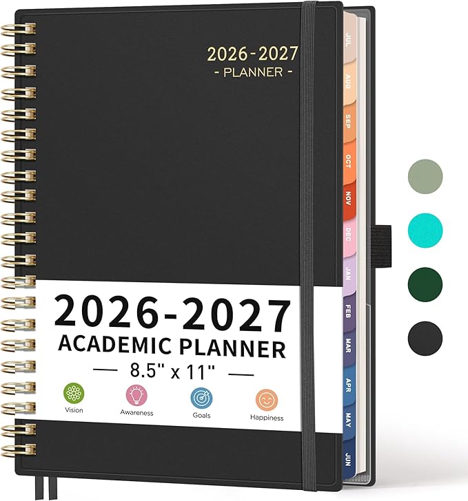 RETTACY Academic Planner 2026-2027, Weekly and Monthly, July 2026 - June 2027, Large Size (8.5" x 11"), Calendar, Agenda, 12-Month Tabs, for Student, Teacher, School (Black)