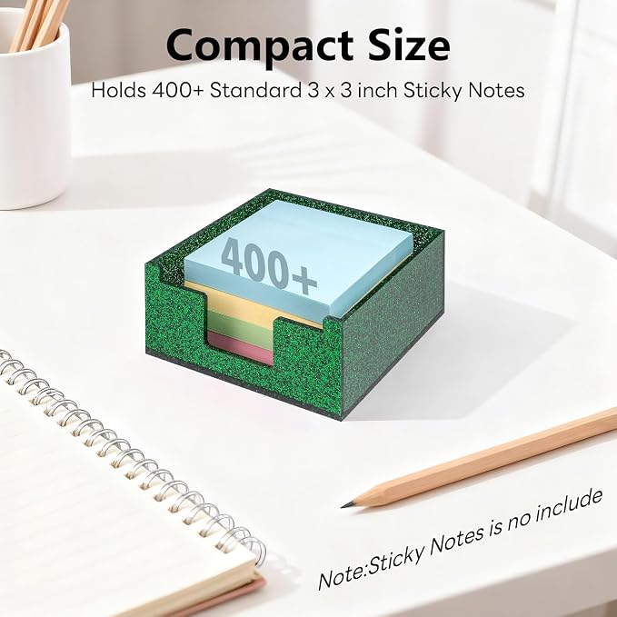 Green Sparkling Sticky Note Holder, Glitter Acrylic Organizer, 3.94 x 3.94 in Multi-Use Tray for Office, School & Home Desk