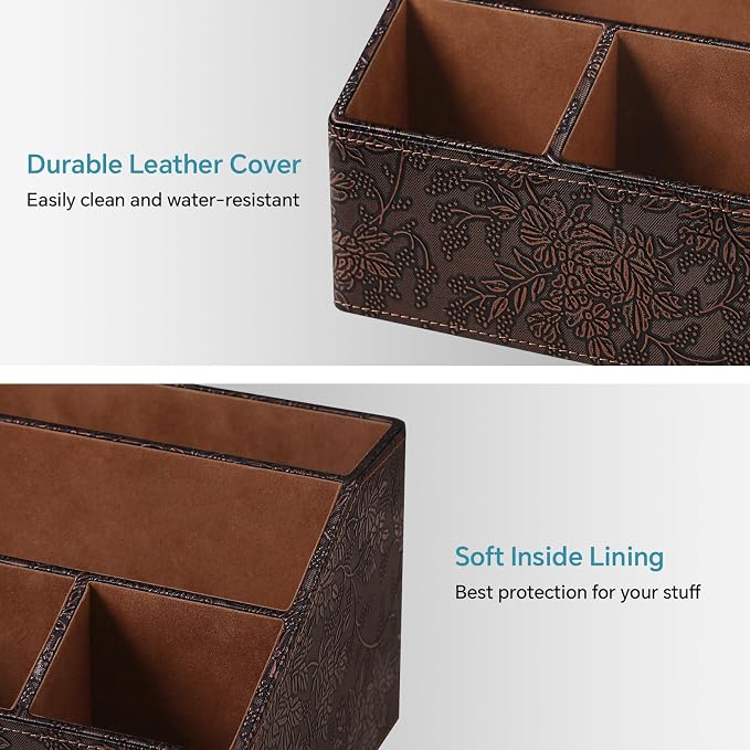 PU Leather Desktop Organizer, Home Luxury Remote Control Holder, Office Desk Accessory and Nightstand Storage Box, Vintage Style, Suitable for Living Room Tabletops (Brown Grape Pattern)