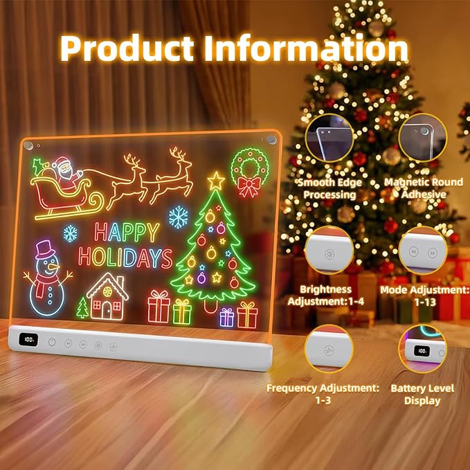 Rechargeable Led Drawing Board for Kids, Light Up Drawing Pad with 8 Color 6 Modes, Neon Glow Dry Erase Board with Built-in Stand, 7 Markers & Tracing Book, Gifts for Christmas Birthday Gifts Presents
