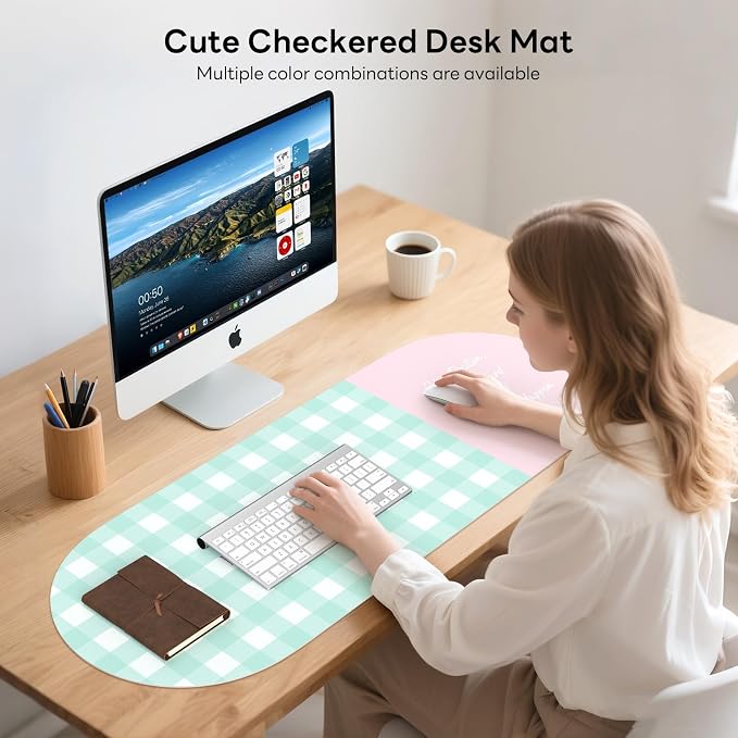 Checkered Pattern Desk Pad Protector, 35.5 x 13'' Aesthetic Mouse Mat for Desktop, Waterproof PU Leathe Non-Slip Desk Writing Pad for Office and Home, Blue-Green Pink