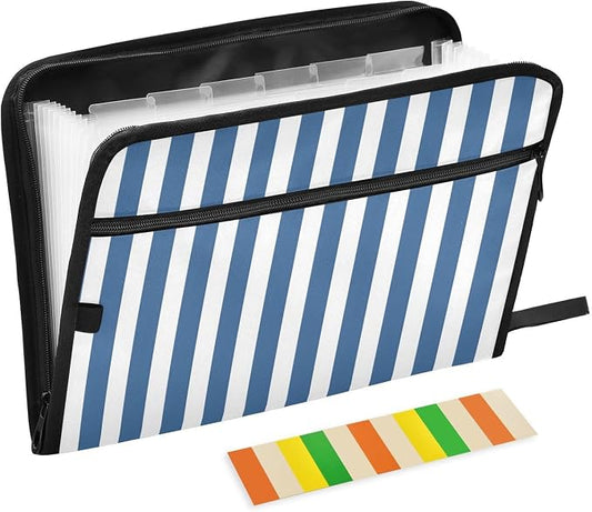 ALAZA Blue White Striped 13 Pocket Expanding File Folder with Labels, Accordion File Folder File Organizer Letter A4 Paper for Office School Student