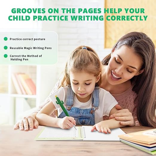 BYFWH Magic Groove Practice Copybook for Kids, Reusable Writing Practice Books, Grooved Handwriting Book Set for Kid Ages 3-8 Calligraphy 5.59 * 7.91 (5 Medium Books with Cactus Pens & Gift Box)