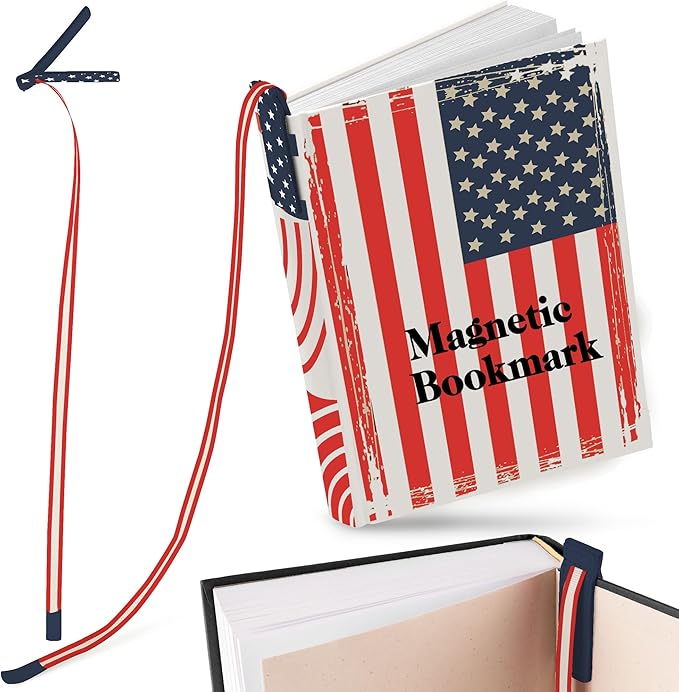 Superior Essentials Patriotic Magnetic Bookmark-Genuine Leather, Single Long Ribbon Bible Bookmark for Book Lovers-Amplify Your Love for Books with Our Elegant Ribbon Page Marker (American Flag, 1PC)