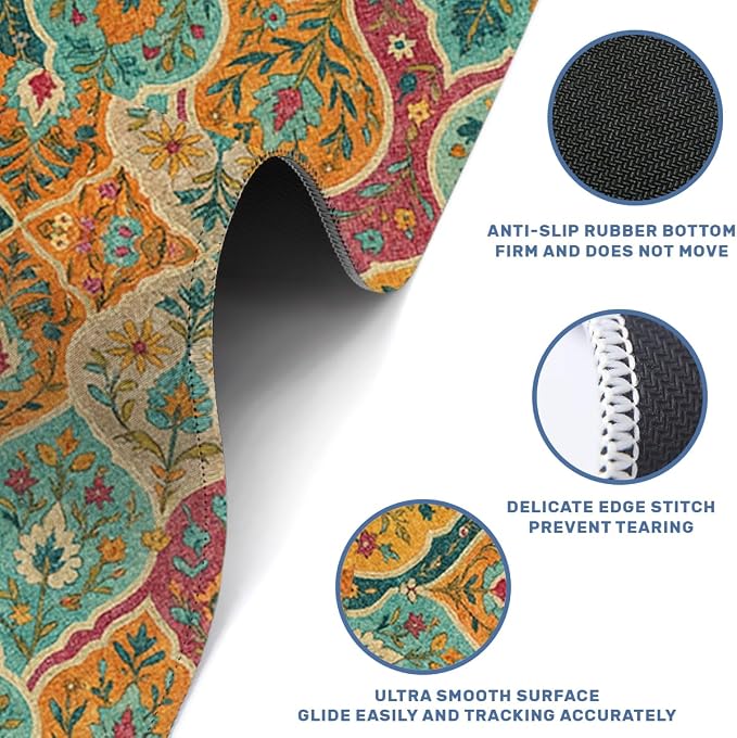 Boho Desk Mat Gaming Mouse Pad Floral Paisley Vintage Retro Carpet Mousepad Computer Keyboard Pad Mouse Mat Laptop Mat 31.5 x 11.8 Mouse Pads for Desk Home Office Gaming
