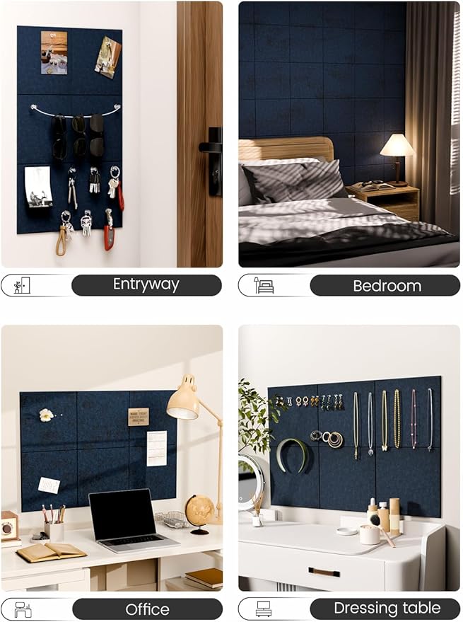 Fluxynara Felt Bulletin Board Tiles -28"x18" Cork Board Alternative for Office Decor, Push Pin Board Wall Organizer 6-Pack - Carbon Blue