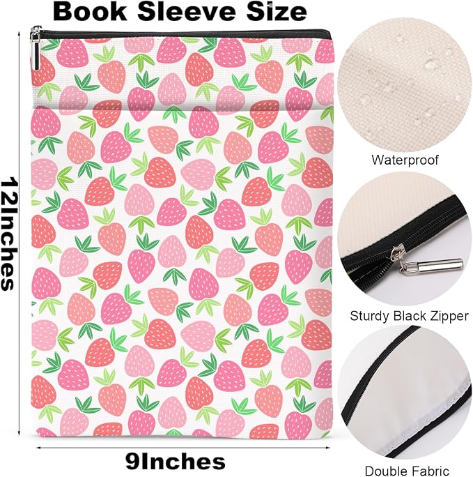 Strawberry Pattern Book Lovers Gifts Waterproof Book Sleeve Book Pouch Book Protector with Zipper and Front Pocket BookCover Case for Women Girl Sister Bestie Book Accessories Book Club Gifts