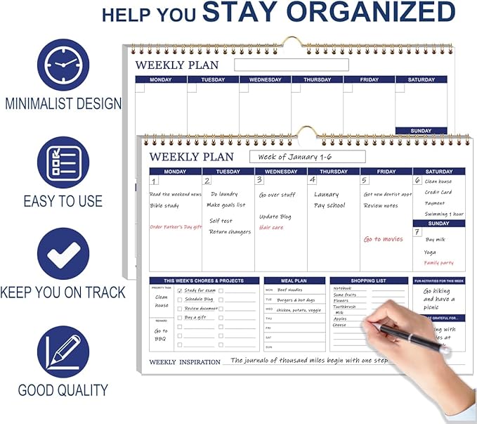 (2-Pack) Large Weekly Planner - 17" x 12" Spiral Weekly Calendar, 52 Weekly Goals Schedule Planner for Planning and Organizing Family Activities, Meal Tracker, Undated