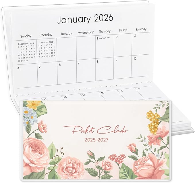 Pocket Calendar 2025-2027, Small Pocket Planner 2026 for Purse, Monthly Planner with Pvc Cover, Small Size (3.5" x 6"), From July 2025 - December 2027 - Pink Flower